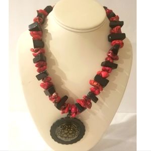 RED CORAL & BLACK ONYX Boho Pendant Necklace